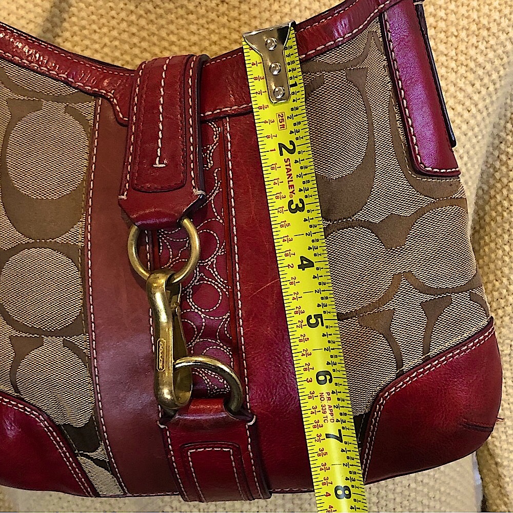 COACH Hampton Signature C Canvas Crimson Red Leather Embroidered Shoulder Bag - Picture 13 of 16